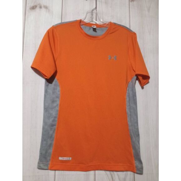 Under Armour Shirt Men's Small Orange Gray‎ Heat Gear Short Sleeve - Picture 1 of 7